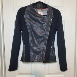 TED BAKER Black Leather Blend Moto Zip Collar Women Motocycle Jacket Sz 4
